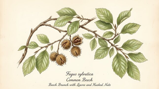 Detailed Colored Sketch of a Common Beech (Fagus sylvatica) Branch with Leaves and Nuts, Illustrating Botanical Beauty