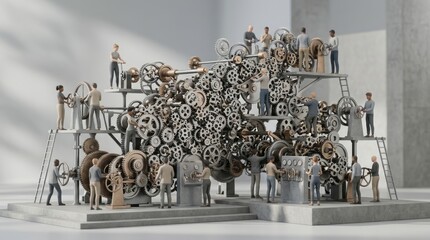 Complex Gears and Workers in Motion Gears Mechanism Workers Engineering Teamwork Miniature Assembly. Concept featuring gears, mechanism, workers, engineering, teamwork for professional commercial d...