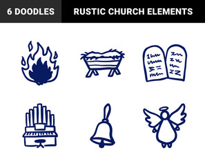 Naklejka premium Christian religious symbols for church community branding. Rustic naive marker sketch featuring nativity manger, scripture tablets, and angel.