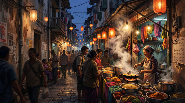 Vibrant street food vendors serving delicious meals at a night market, with bustling crowds and illuminated lanterns adding to the lively ambiance.