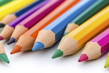 Fototapeta premium Colorful pencils arranged in row, showcasing vibrant hues and sharpened tips, perfect for artistic creativity and expression