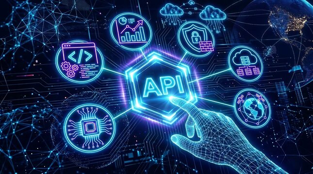 API. Application Programming Interface. Software development tool, cloud computing technology concept. Wireframe hand places an element into a composition visualizing API. Vector  ai new