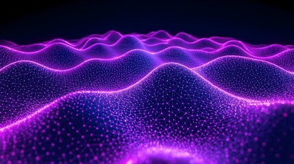 Fototapeta premium Abstract digital landscape with glowing purple and blue particle waves on a dark background, representing data flow or energy.