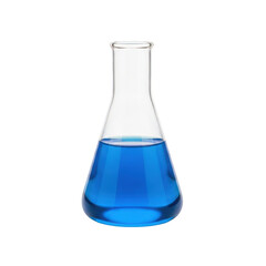 Laboratory erlenmeyer flask with blue liquid inside isolated on transparent background