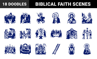 Naklejka premium Orthodox Christian biblical scenes for spiritual storytelling and education. Rustic blue marker sketch illustrations of Jesus, angels, and saints.