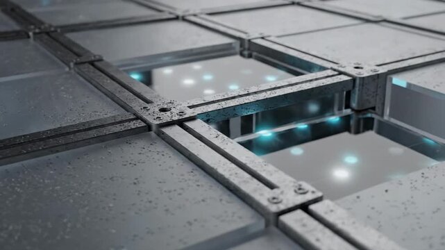 Abstract Data Processing Grid with Frosted Glass Cubes and Cyan Signals