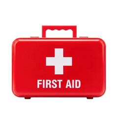 Obraz premium Red first aid kit box with white cross and handle isolated on transparent background