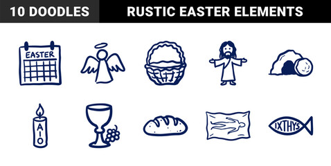 Naklejka premium Christian Easter elements for religious holiday branding and church graphics. Hand-drawn blue marker doodle illustrations featuring Jesus and resurrection.