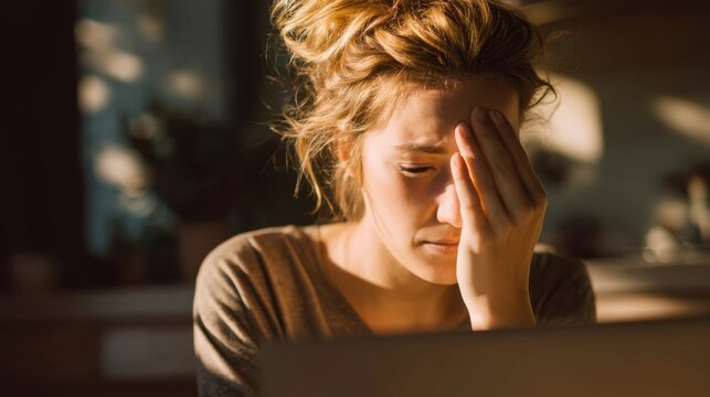 Close-up of teenager girl covering face while reading hateful messages on laptop, soft natural window light, mental health and online harassment concept