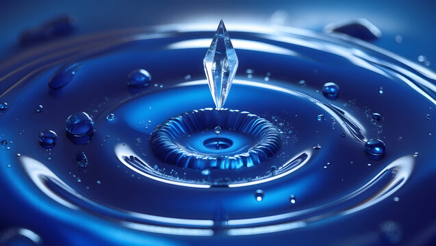 Macro photography of a sapphire blue liquid ripple with a spindle-shaped crystal drop