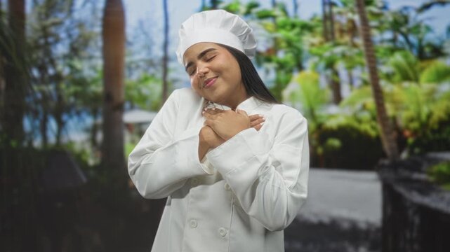 Chef woman with hands over heart wearing white toque and coat in tropical forest setting, palms and path visible; gratitude hospitality.