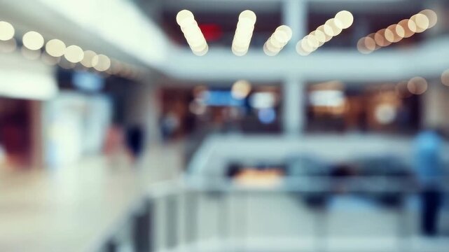 Blurred view of a modern shopping mall with bright lights and bustling activity. Represents the vibrant atmosphere of retail and consumerism