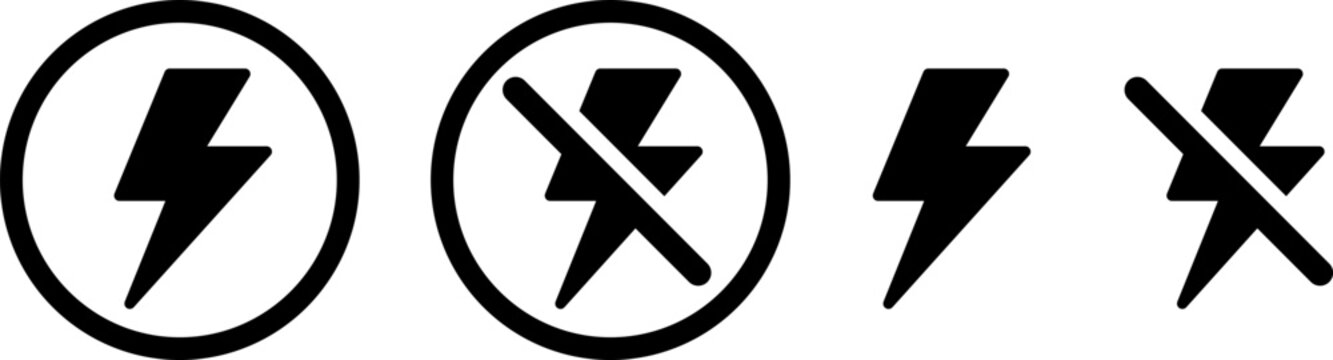 電気のオン・オフを表す稲妻アイコンセット（使用可・使用不可） Lightning Bolt Icon Set Showing Power On and Off States
