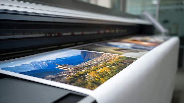 Large Format Printer Outputting Vivid Landscape Image with Precision Detail, Showing Modern Technology and High-Quality Production in Motion