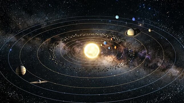 Solar system planets orbits space stars galaxy celestial bodies motion universe solar system, sun.