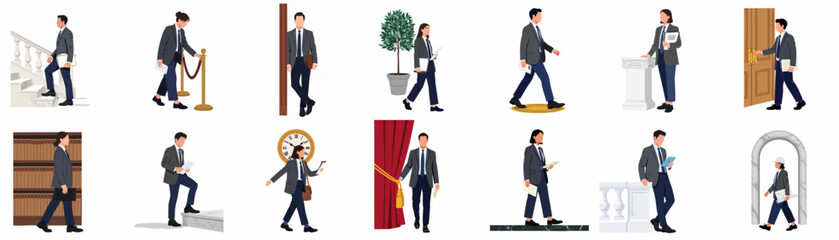 Fototapeta premium Professional Business People and Lawyers in Formal Suits Illustration Set in Various Office and Corporate Environments