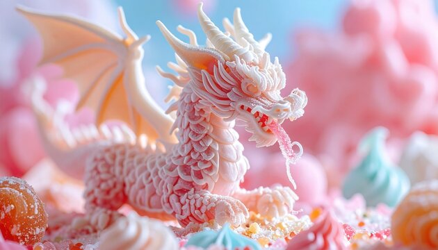 An Elaborate Sugar Sculpture of a Mythical Dragon with Intricate Pink and White Confectionery Details