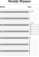 Minimal Weekly Planner Vector Printable Template with Habit Tracker Priorities and Notes Sunday Start Layout