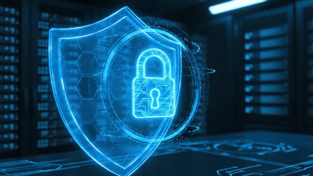 Cyber security shield with lock.