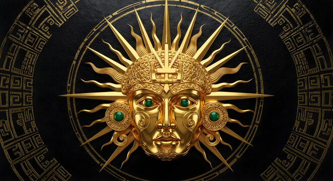 Golden Aztec sun god mask with green eyes, intricate designs on black background, ancient Mayan symbol