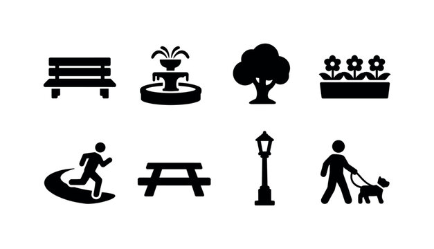 Urban Green Space. Filled icon set of Urban Green Space: park bench, fountain, tree, flower bed, jogging path,