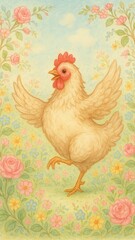 Naklejka premium Whimsical chicken amidst floral beauty mobile wallpaper