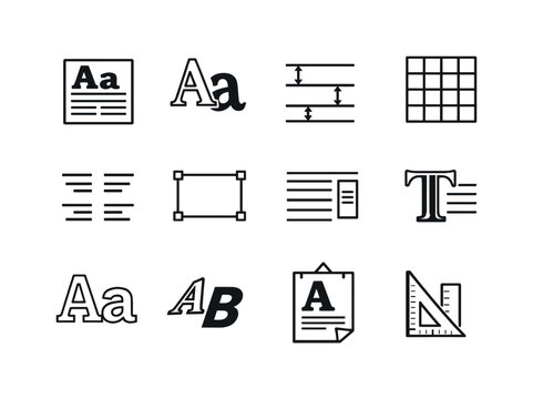 Graphic Design Typography. Line outline icon set of Graphic Design Typography: type specimen sheet, font