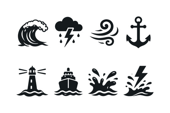 Sea Storm Waves Pattern. Filled icon set of Sea Storm Waves Pattern: big wave, lightning bolt, rain cloud,