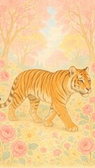 Fototapeta premium Whimsical tiger in floral wonderland mobile wallpaper