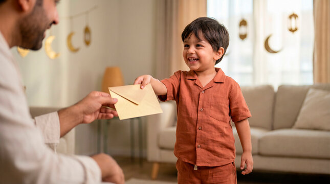 Happy little boy receiving a gold envelope as Eidi from his father during Eid al-Fitr celebrations at home with moon decor