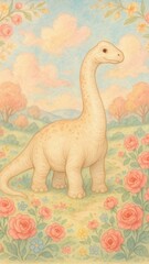 Fototapeta premium Whimsical dinosaur in floral landscape