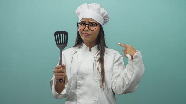 Woman chef in white uniform and toque holds black spatula in one hand and points finger at herself in studio; confusion doubt.