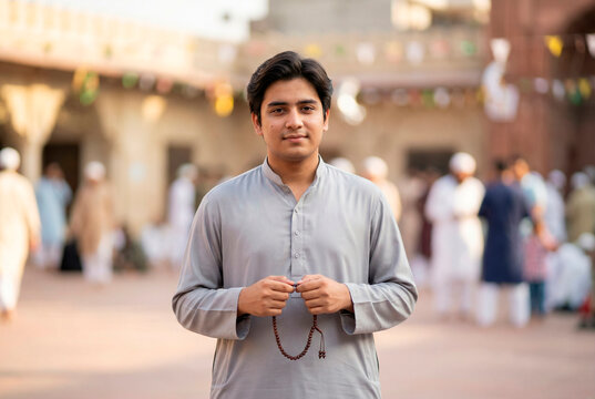 Young Muslim man in traditional grey kurta holding prayer beads in a crowded mosque courtyard during religious festival holiday