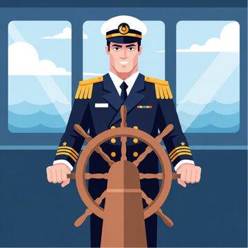 Captain Standing on Ship Bridge Holding Wheel.