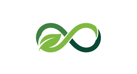 Green infinity symbol intertwined with a leaf, representing perpetual ecology and environmental sustainability, isolated white background.