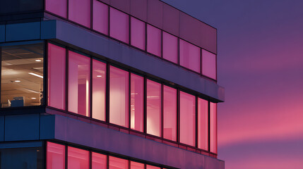 Fototapeta premium Modern Building Facade with Reflective Windows at Sunset or Sunrise Against a Vibrant Purple and Pink Sky, Architectural Details