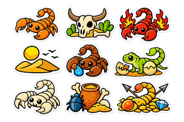 Obraz premium Desert-themed cartoon stickers featuring scorpions, animals, and symbols.