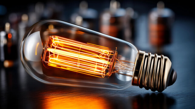 76. Glowing vintage vacuum tube on a dark reflective surface, warm filament light visible inside glass envelope, defocused electronic components behind, vacuum tube glow, thermionic valve,