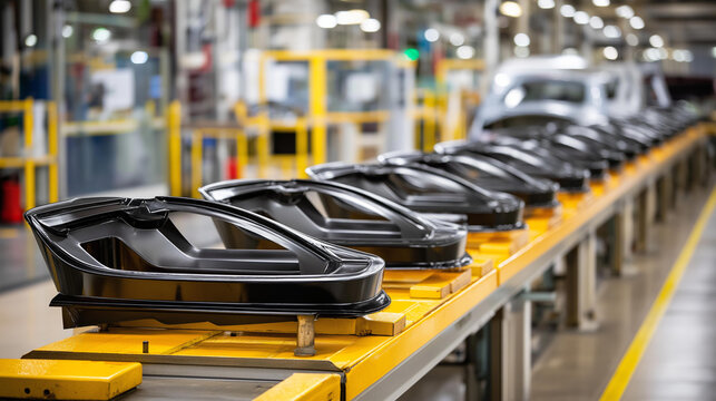 9. Vacuum forming machine shaping large automotive plastic housings &mdash; dashboard panels and trim components emerging from molds on a production line, defocused automotive factory behind,