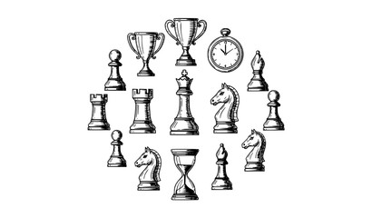 Engraved Chess Piece Icon Collection Pawn Rook Knight Bishop Queen King Chessboard Trophy Timer Vector Set © Rimu