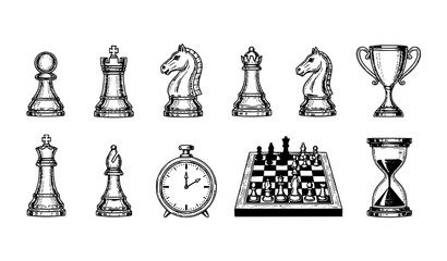 Vintage Engraved Chess Tournament Icon Pack Pawn Rook Knight Bishop Queen King Timer Trophy Vector Set © Rimu