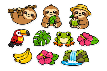 Fototapeta premium Cute sloth and tropical animals: toucan, frog, waterfall, bananas, hibiscus.