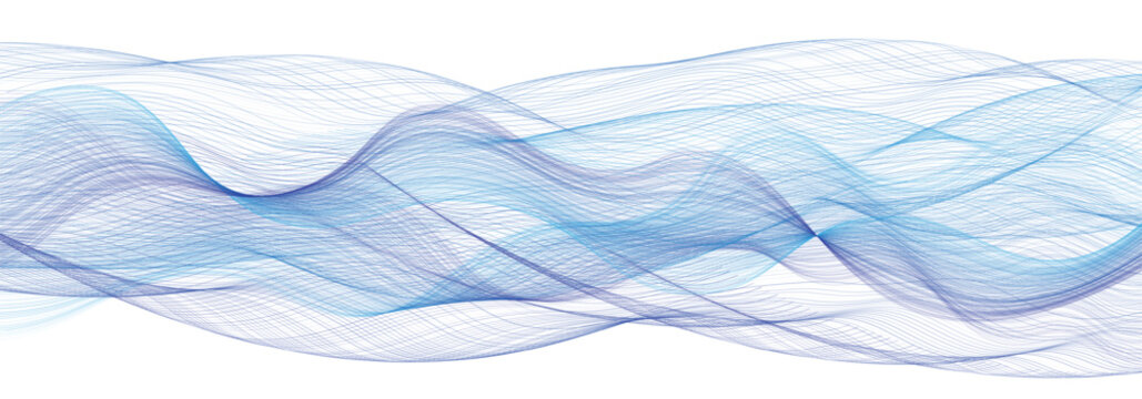 Blue wave pattern with thin flowing lines on white background. Elegant curved silk threads in blue and purple colors. Minimalist smoke motion design for modern banner or flyer.