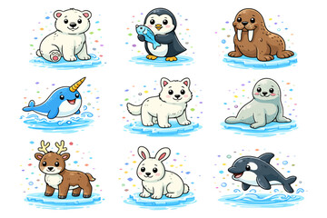 Fototapeta premium Cute arctic animals: polar bear, penguin, walrus, narwhal, seal, fox, reindeer, rabbit, orca.
