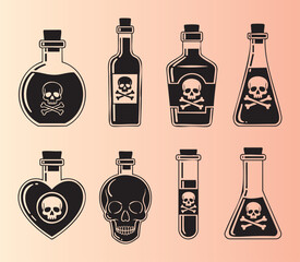 Collection of poison and skull bottles in different shapes and styles