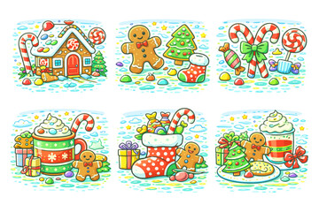 Fototapeta premium Festive christmas gingerbread house and cookies scene with candy canes and gifts.