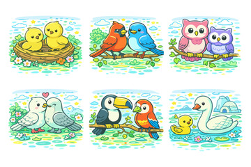 Fototapeta premium Colorful cartoon birds with cute baby animals in nature scenes.