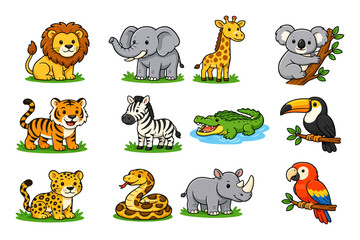 Fototapeta premium Cartoon safari animals: lion, elephant, giraffe, koala, tiger, zebra, crocodile, toucan, leopard, snake, rhino, parrot.