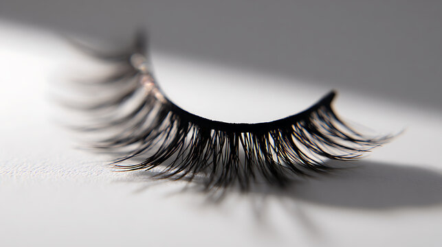 Beauty accessory essential: Close-up of elegant false eyelashes on a pristine white surface with abstract shadows, perfect for beauty content and advertising