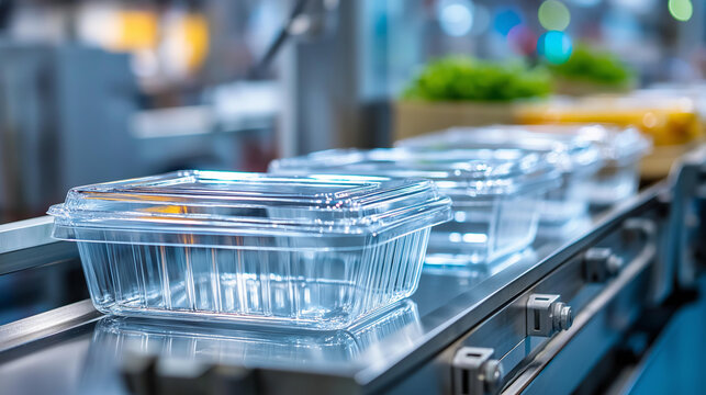 17. Modern plastic vacuum forming machine producing food-grade packaging trays on a continuous production line, clear containers emerging from molds, defocused conveyor and packaging area